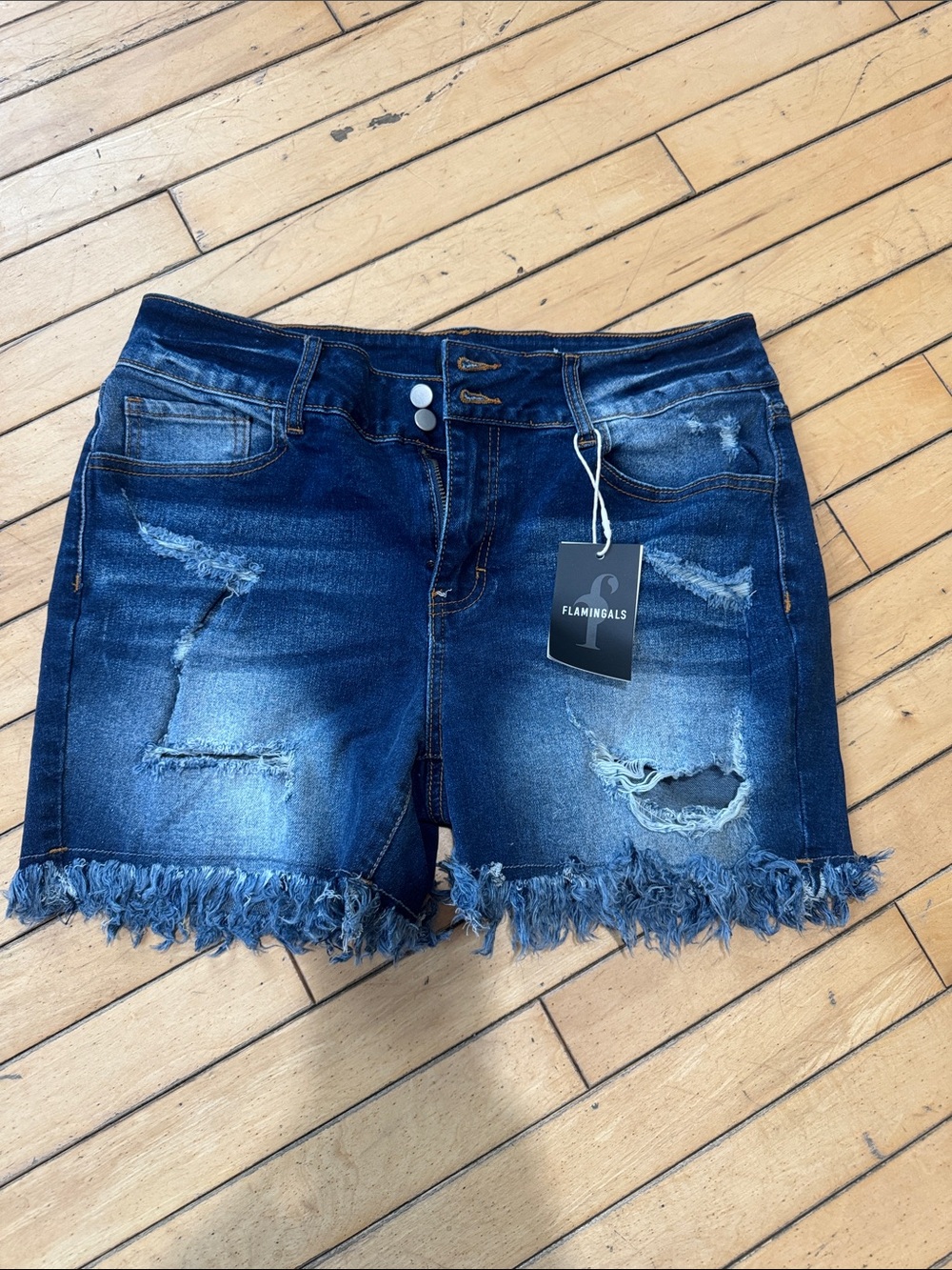 Flamingals Women's Dark Indigo Distressed Denim Shorts